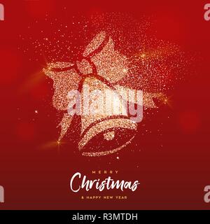 Buon Natale e Felice Anno Nuovo luxury greeting card illustrazione, campana d'oro glitter texture festosa su sfondo rosso con testo vacanze qu Illustrazione Vettoriale