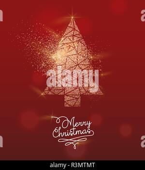 Buon Natale di lusso della scheda Messaggi di saluto illustrazione, xmas pino d'oro glitter texture festosa su sfondo rosso con testo vacanze preventivo. Illustrazione Vettoriale