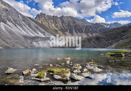 Frammenti di roccia ricoperte di erba e muschio in acqua di lago di montagna. Paesaggio di acqua nelle montagne della Siberia orientale Foto Stock