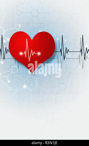 Abstract Illustrazione medica con grande cuore rosso ecg Foto Stock