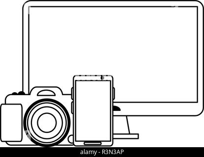 Smartphone e smartwatch con applicazioni in bianco e nero Illustrazione Vettoriale