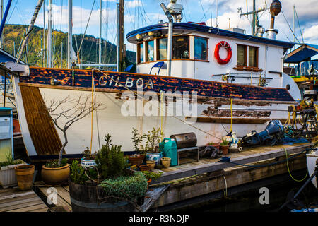 Cowichan Bay, British Columbia, l'isola di Vancouver, Canada. Capanna rustica barca ancorata al fianco di piante Foto Stock