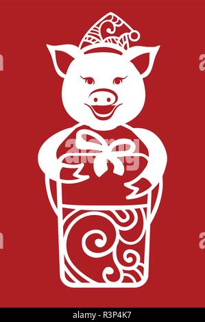 Maiale Icona di taglio. Maiale semplice disegno per il taglio laser. Suino con dono. Simbolo del 2019 Illustrazione Vettoriale