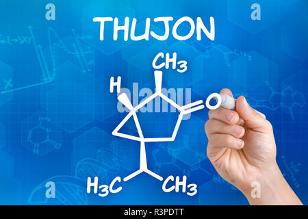 Mano con una matita disegna chimica formula strutturale di thujone Foto Stock