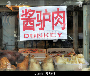 Asian street food a Chengdu, Cina. Il poster con il testo in cinese e inglese, raccontando le persone che vendono la carne di asino Foto Stock