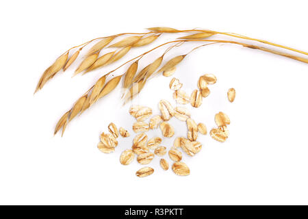 Oat spike con fiocchi di avena isolati su sfondo bianco Foto Stock
