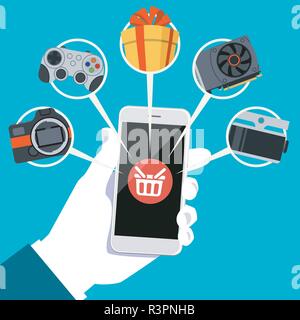 Mano umana detiene smart phone con shop carrello icona sullo schermo. Illustrazione Vettoriale di shopping online concetto. Acquisto online con telefono cellulare con Illustrazione Vettoriale