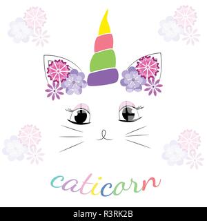 Cute cat con corno di unicorno e Caticorn slogan. Può essere usato come un biglietto di auguri, adesivo, kids t-shirt design, stampa o poster.Vettore. Illustrazione Vettoriale