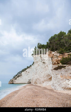 L'Italia, Vieste, vuoto Vignanotica spiaggia su una piovosa giornata invernale Foto Stock