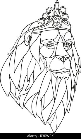 Mosaico di basso Stile del poligono illustrazione di una principessa lion con grande mane indossa una tiara corona visto dal lato anteriore in bianco e nero. Illustrazione Vettoriale