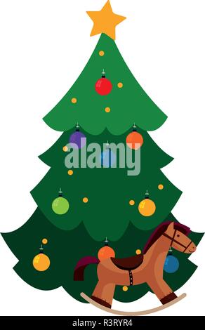 Albero di natale e il cavallo di legno su sfondo bianco, illustrazione vettoriale Illustrazione Vettoriale