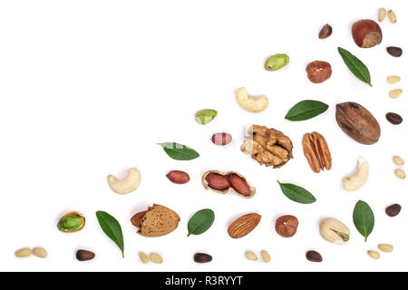 Mix di diversi dadi con foglie isolato su sfondo bianco con copia spazio per il tuo testo. Piatto modello di laici. Vista superiore Foto Stock