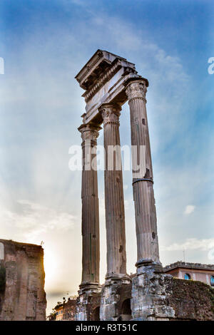 Tempio di Vespasiano e Tito colonne corinzie Foro Romano, Roma, Italia. Tempio creato nel 79 D.C. dall'Imperatore Tito, finito dall imperatore Vespasiano Foto Stock