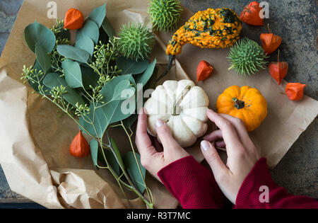 Decorazione autunnale, donna prendendo la mano di zucca ornamentale Foto Stock