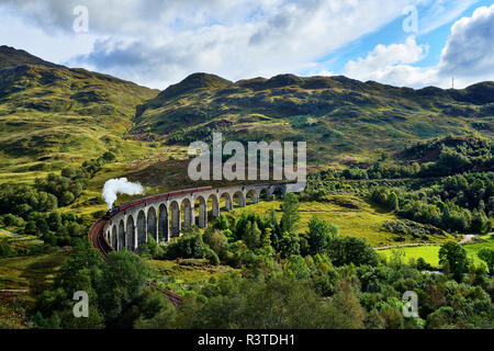 Regno Unito, Scozia, altopiani, viadotto Glenfinnan con un treno a vapore che passa su di essa Foto Stock