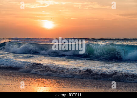 Tramonto sulla spiaggia, bellissimo paesaggio marino con le onde del mare, stormo di uccelli e colorato, sky costa californiana Foto Stock