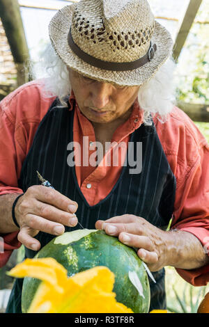 Senior uomo al lavoro su un cocomero con carving tool Foto Stock