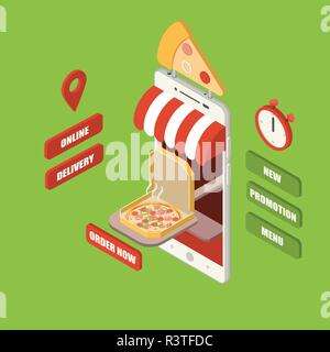 Pizza online di ordinazione e consegna concetto, gigante smartphone isometrica con pizza in una scatola che serve sulla paletta di legno, shop, contatore, segno, cronometro e b Illustrazione Vettoriale