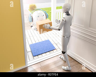 3D Rendering, piccolo drone di consegnare il pacco ad un robot Foto Stock