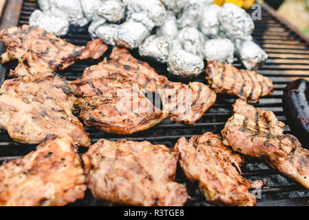 Salsicce, carne di maiale e di pollo arrostito su un barbecue, visto da sopra. Foto Stock