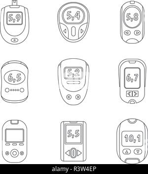 Misuratore di glucosio del sangue di zucchero dispositivo di test set di icone. Schema Illustrativo del 9 misuratore di glucosio del sangue di zucchero dispositivo di test icone vettoriali per il web Illustrazione Vettoriale