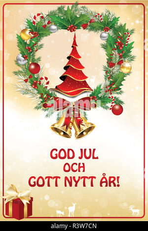 Classic biglietto di auguri per il Natale e il nuovo anno. Il messaggio (Buon Natale e Felice Anno Nuovo) è scritto in lingua svedese Foto Stock