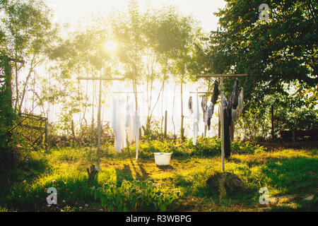 Appena la biancheria lavata essiccamento sulla stringa al di fuori nel cortile della fattoria su una calda luminosa giornata di sole Foto Stock