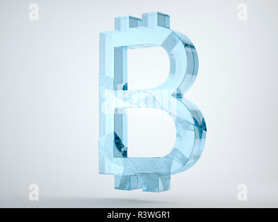 Vetro simbolo bitcoin frantumata e rotto in grigio. 3D render, animazione 3D Foto Stock