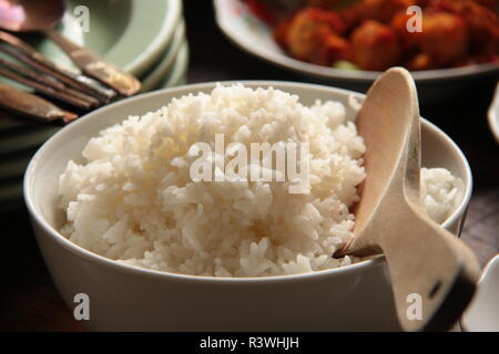 Nasi Putih. Una grande ciotola di il riso bianco cotto a vapore per diversi diners, servita presso un ristorante di Padang. Foto Stock