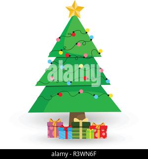 Cartoon carino Natale decorati abete con molti doni e presenta le caselle. Star, sfere, garland isolati su sfondo bianco. Illustrazione Vettoriale, Illustrazione Vettoriale