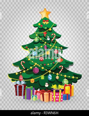 Cartoon carino Natale decorati abete con molti doni e presentare le caselle. Star, sfere, garland isolato su sfondo trasparente. Vector illustrat Illustrazione Vettoriale