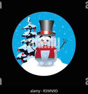 Natale e Anno Nuovo round icona segno con il simpatico personaggio dei fumetti pupazzo di neve in top hat, abete isolato su sfondo nero. Illustrazione Vettoriale, icona, Illustrazione Vettoriale
