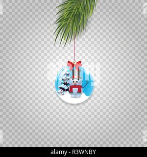 Albero di natale il ramo con il natale e il nuovo anno sfera decorata con pupazzo di neve e fiocco rosso su sfondo trasparente. Illustrazione Vettoriale, clip art, icona, s Illustrazione Vettoriale