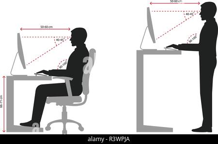 Seduta corretta e la postura eretta quando si utilizza un computer, silhouette Illustrazione Vettoriale