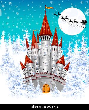 Il castello di Cartoon sullo sfondo dell'inverno coperti di neve foresta. Silhouette di Santa su di una slitta contro il cielo di notte e la luna. Paesaggio invernale Illustrazione Vettoriale