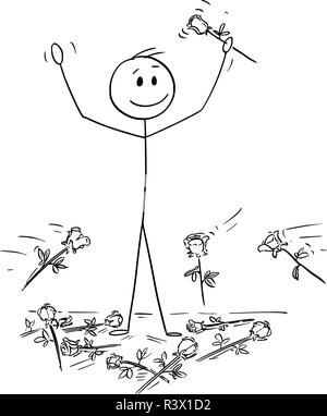 Cartoon dell uomo sul palco a chi è stato dato standing ovation e fiori sono gettati dal pubblico Illustrazione Vettoriale