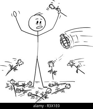 Cartoon dell uomo sul palco che è attaccato da bombe a mano dal pubblico durante la standing ovation Illustrazione Vettoriale