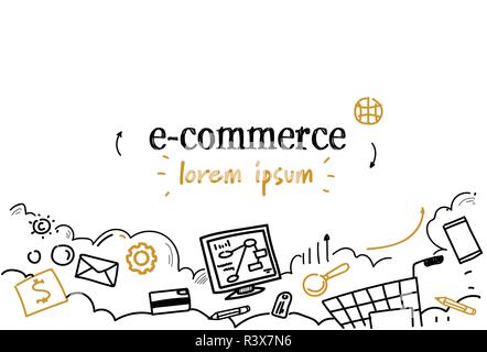 Lo shopping online è la tecnologia e-commerce concept sketch doodle isolato orizzontale dello spazio di copia Illustrazione Vettoriale