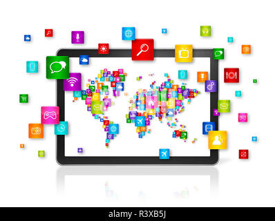 Mappa mondo fatto di icone sul Tablet PC. Il cloud computing concept Foto Stock