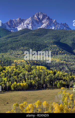 Stati Uniti d'America, Colorado, San Juan Mountains. Mt. Sneffels e panorama della valle in autunno. Foto Stock