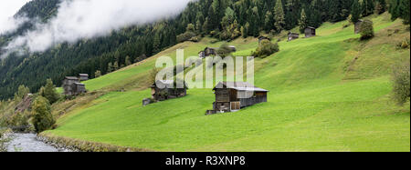 Un fienile in legno sulla collina circondato dal bosco di abeti. Antico casolare sulla montagna all'interno del cloud Foto Stock