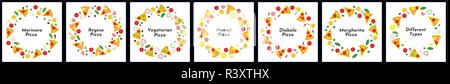 Serie di telai quadrati. Diversi tipi di pizza. Sfondo per gli inviti, annunci pubblicitari, cartoline Illustrazione Vettoriale