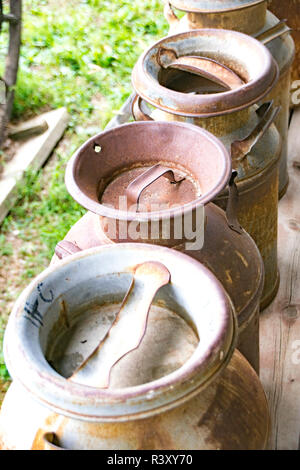 Latte di metallo caraffe. Foto Stock