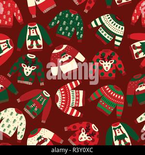 Vettore senza giunture brutto Natale maglioni pattern. Inverno a maglia ponticelli con norvegese ornamenti e decorazioni. Vacanza verde dello sfondo rosso, bianco Illustrazione Vettoriale