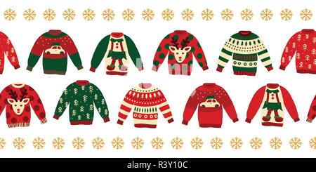 Brutto Natale maglioni vettore senza giunture confine. Inverno a maglia ponticelli con norvegese ornamenti e decorazioni. Design vacanza verde, rosso e bianco per Illustrazione Vettoriale