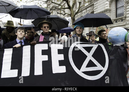 London, Greater London, Regno Unito. 24 Novembre, 2018. Gli attivisti si vede che trasportano un banner durante il mese di marzo.Migliaia di dimostranti dalla nuova ribellione di estinzione il cambiamento climatico movimento riuniti in piazza del Parlamento per un memorial e la marcia funebre attraverso Londra. I manifestanti hanno reso omaggio a vite perse a causa di cambiamenti climatici e hanno marciato portando una bara da Piazza del Parlamento a Buckingham Palace. Credito: Andres Pantoja/SOPA Immagini/ZUMA filo/Alamy Live News Foto Stock