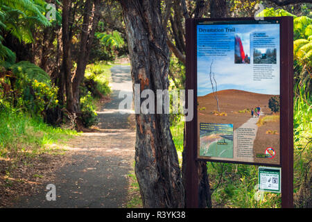 Segno interpretative sulle devastazioni Trail, Parco Nazionale dei Vulcani delle Hawaii, Hawaii, STATI UNITI D'AMERICA Foto Stock
