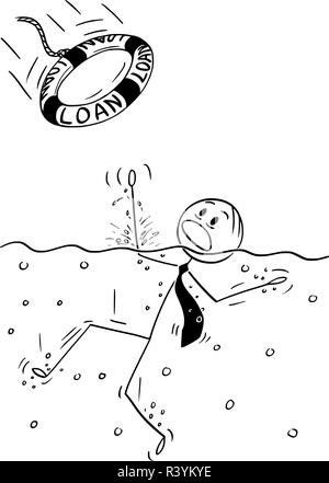 Cartoon di imprenditore annegamento in acqua, qualcuno solo buttare lui prestito come salvagente Illustrazione Vettoriale
