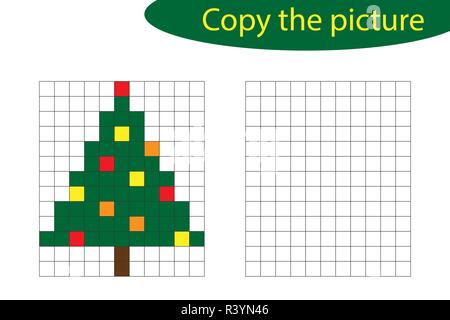 Copiare la foto, pixel art, albero di Natale cartone animato, disegno il training sulle competenze educative gioco della carta per lo sviluppo dei bambini, bambini di età prescolare un Illustrazione Vettoriale