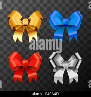 Rosso brillante, blu, argento e oro bow-nodi su sfondo trasparente Illustrazione Vettoriale